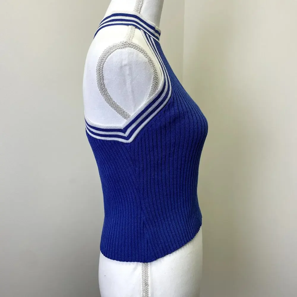 St John Sport by Marie Gray Blue Ribbed Knit Halter Tank Top S Striped - Picture 4 of 16